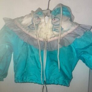 Teal Hooded Jacket with Ruffle Trim